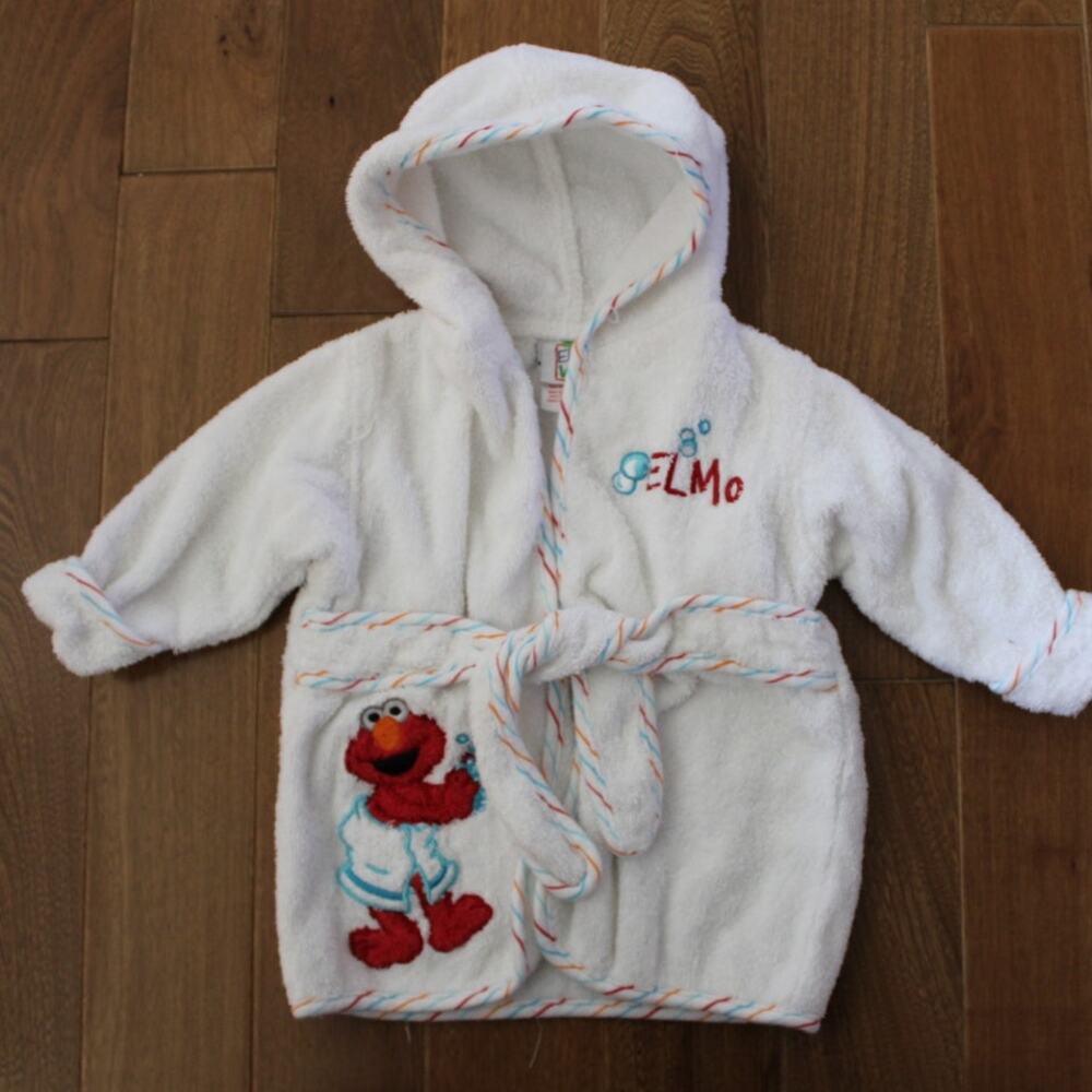 Vintage‎ Sesame Street Elmo's World Hooded Terry Cloth Bath Robe White 0-6 month